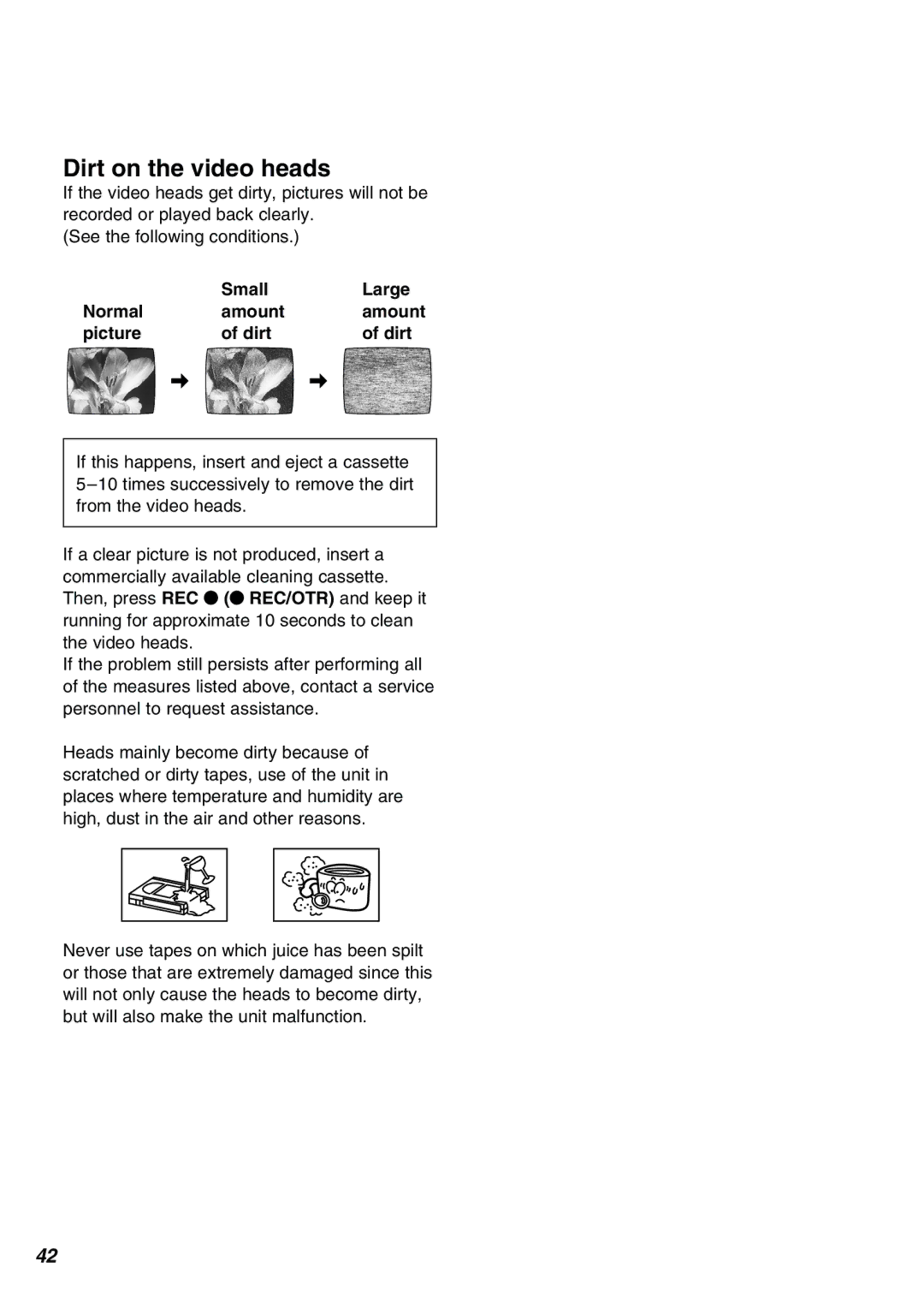 Panasonic NV-FJ610PMP manual Dirt on the video heads, Small Large Normal Amount, Picture Dirt 