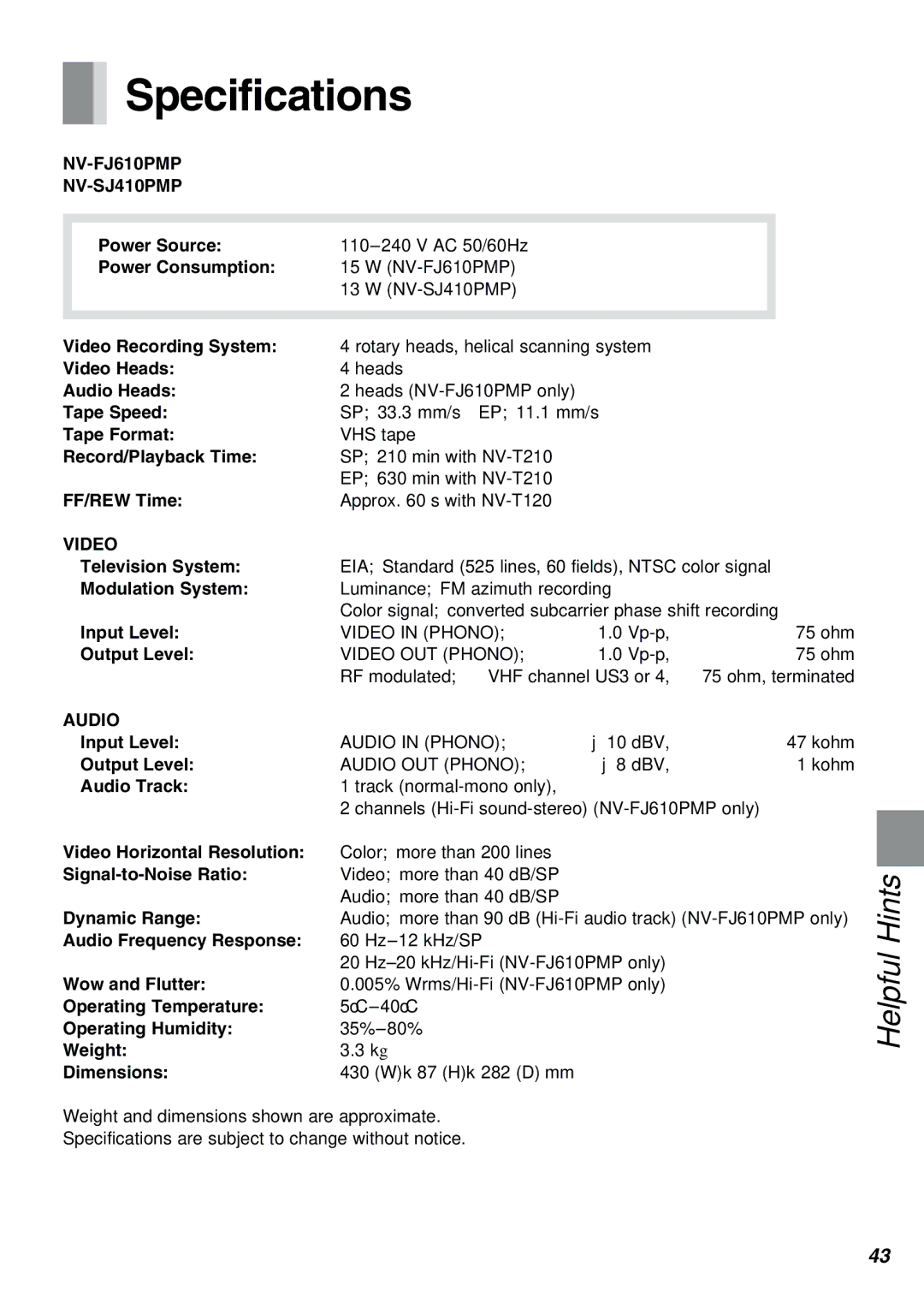 Panasonic manual Specifications, NV-FJ610PMP NV-SJ410PMP, Video, Audio 