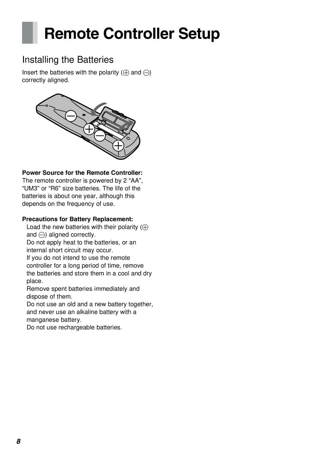 Panasonic NV-FJ610PMP Remote Controller Setup, Power Source for the Remote Controller, Precautions for Battery Replacement 