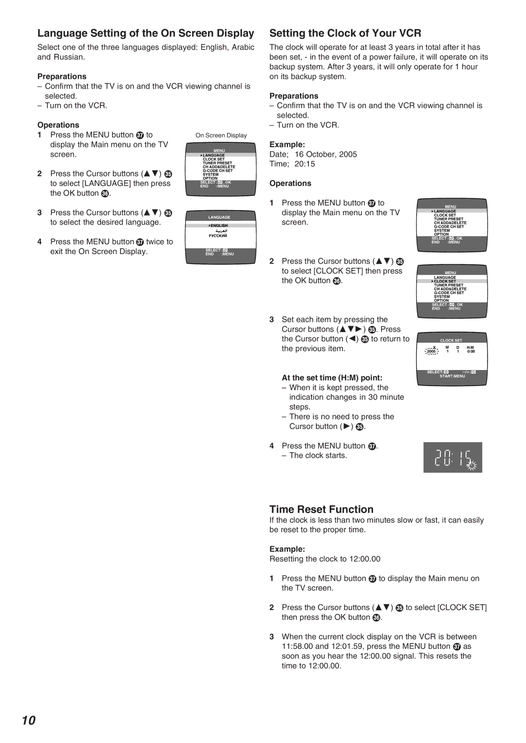 Panasonic NV-FJ625AM Language Setting of the On Screen Display, Setting the Clock of Your VCR, Time Reset Function 