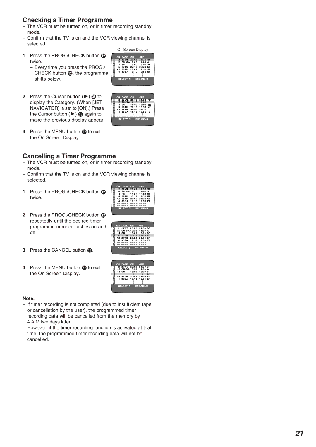 Panasonic NV-FJ620, NV-FJ625AM specifications Checking a Timer Programme, Cancelling a Timer Programme 