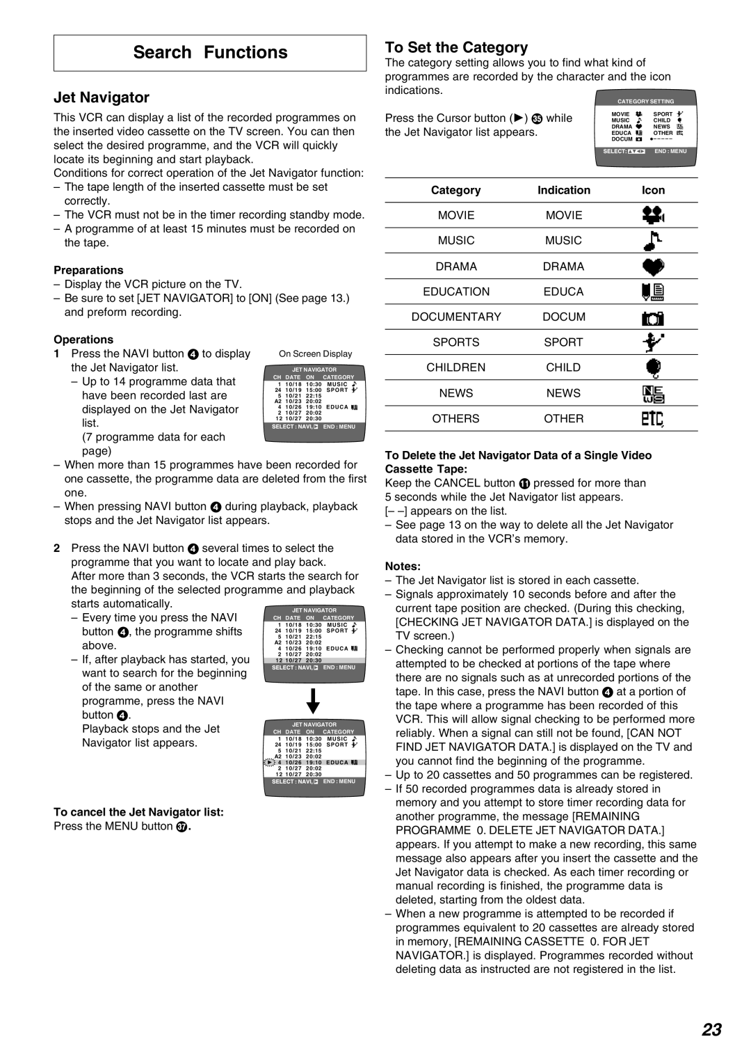 Panasonic NV-FJ620, NV-FJ625AM specifications To Set the Category, Category Indication Icon 