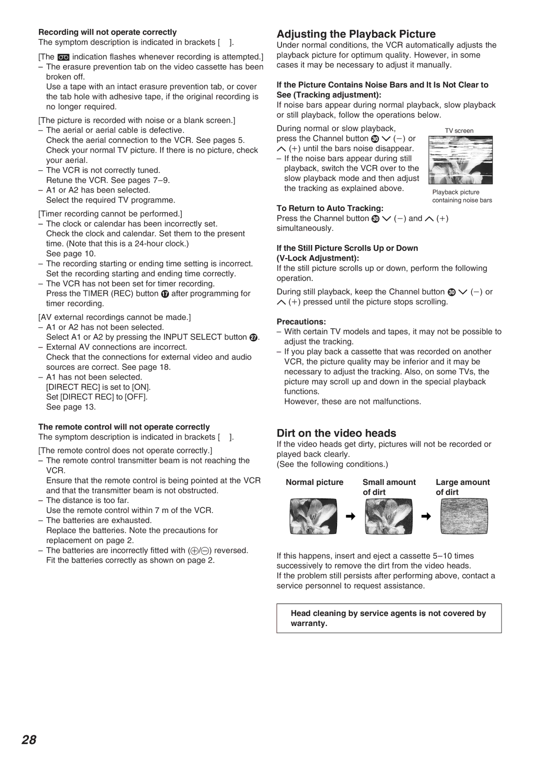 Panasonic NV-FJ625AM, NV-FJ620 specifications Adjusting the Playback Picture, Dirt on the video heads 