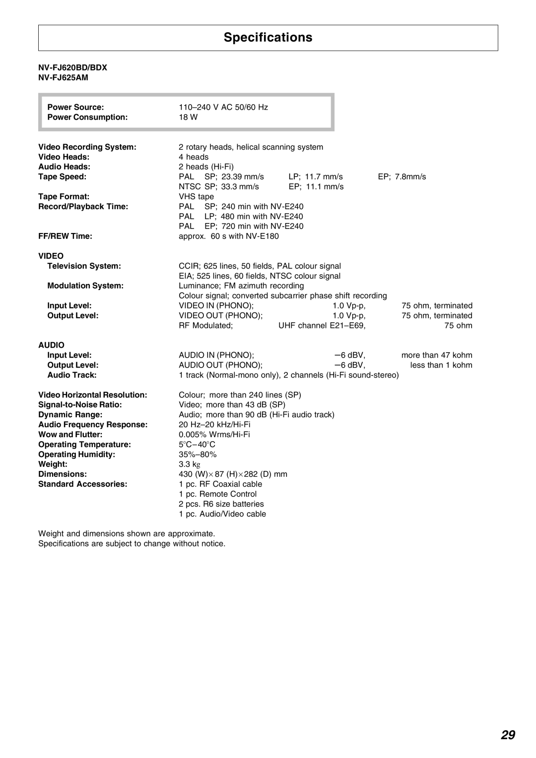 Panasonic NV-FJ620, NV-FJ625AM specifications Specifications 