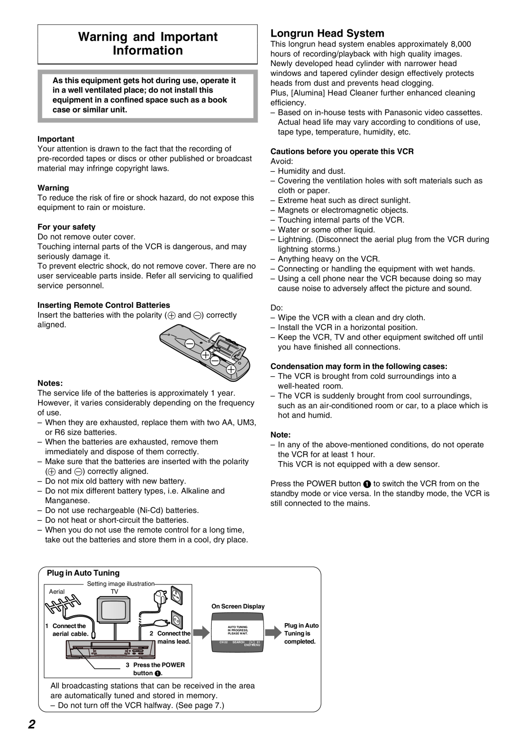 Panasonic NV-FJ625AM, NV-FJ620 specifications Warning and Important Information, Longrun Head System 