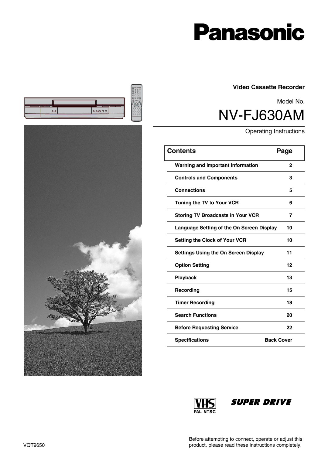 Panasonic NV-FJ630AM operating instructions Contents 