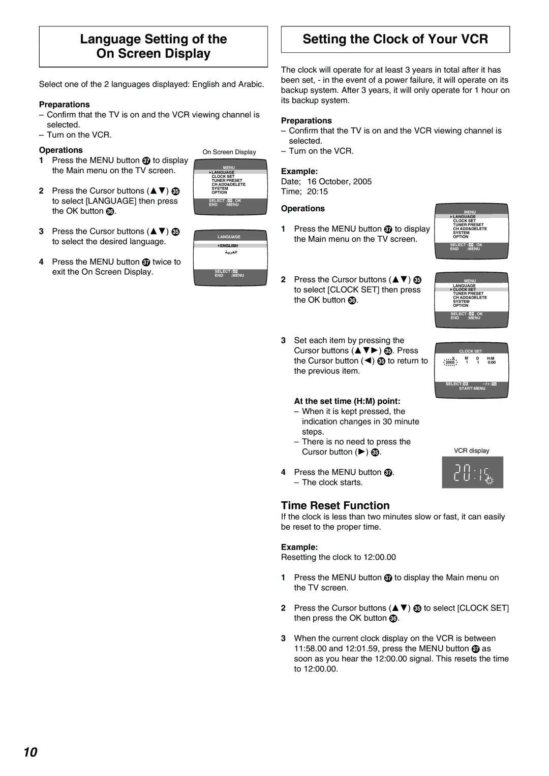 Panasonic NV-FJ630AM Language Setting On Screen Display, Setting the Clock of Your VCR, Time Reset Function 