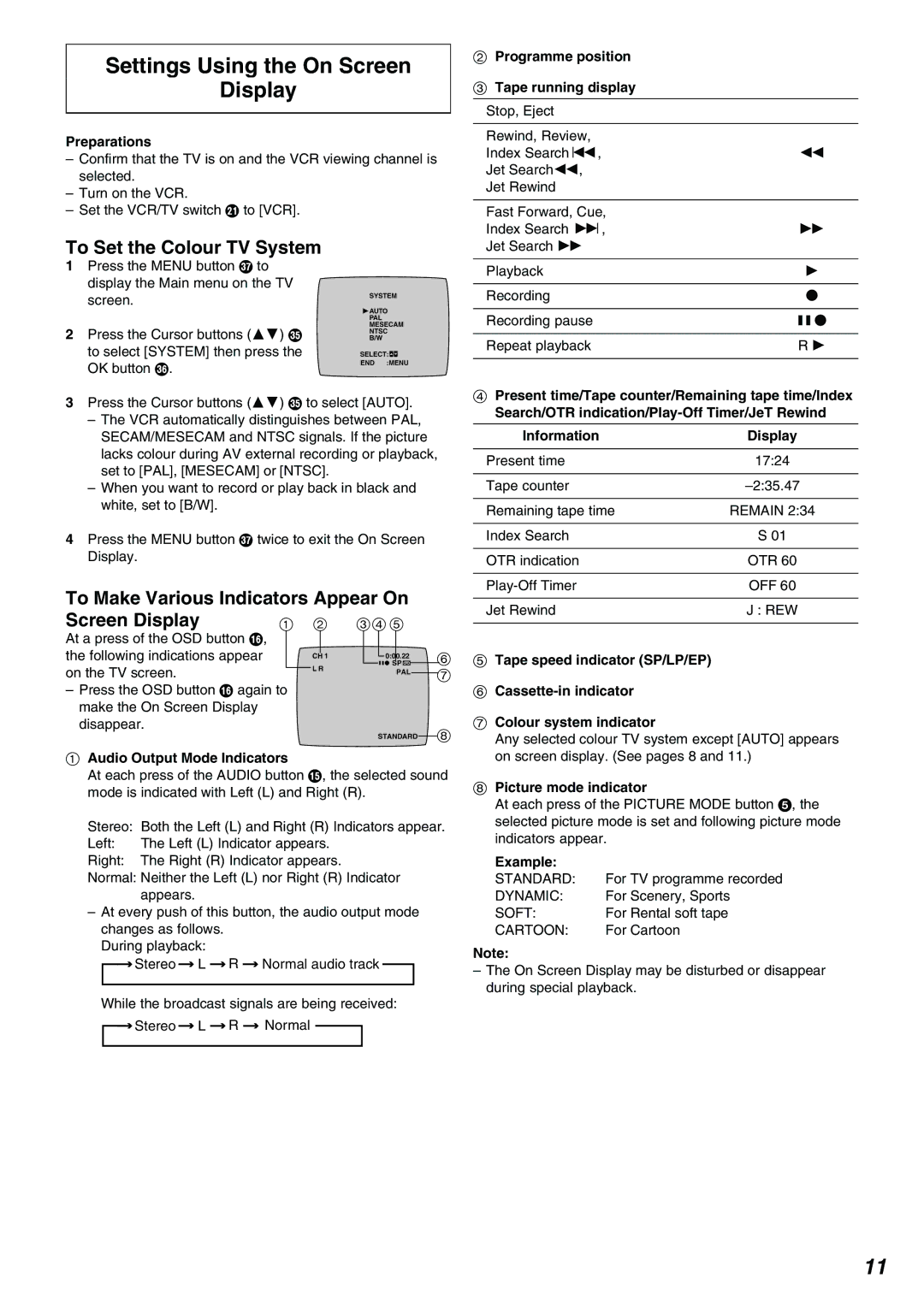 Panasonic NV-FJ630AM operating instructions Settings Using the On Screen Display, To Set the Colour TV System 