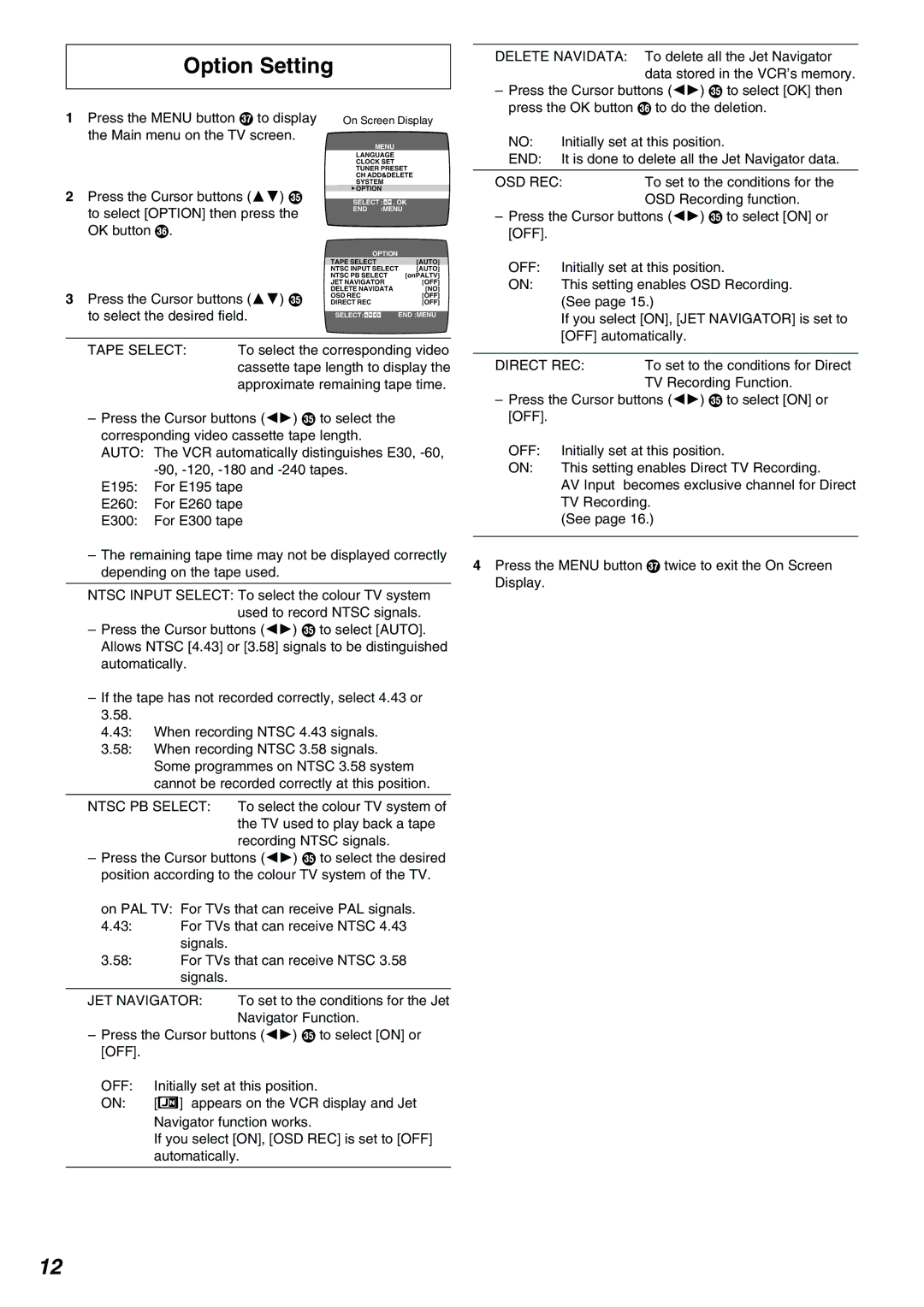 Panasonic NV-FJ630AM operating instructions Option Setting 