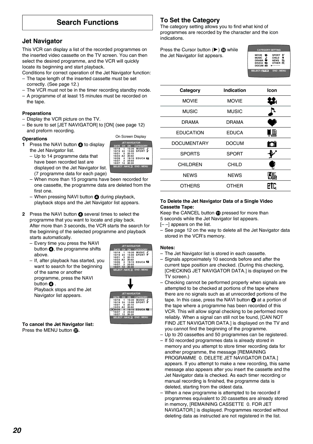 Panasonic NV-FJ630AM operating instructions Search Functions, Jet Navigator, To Set the Category 