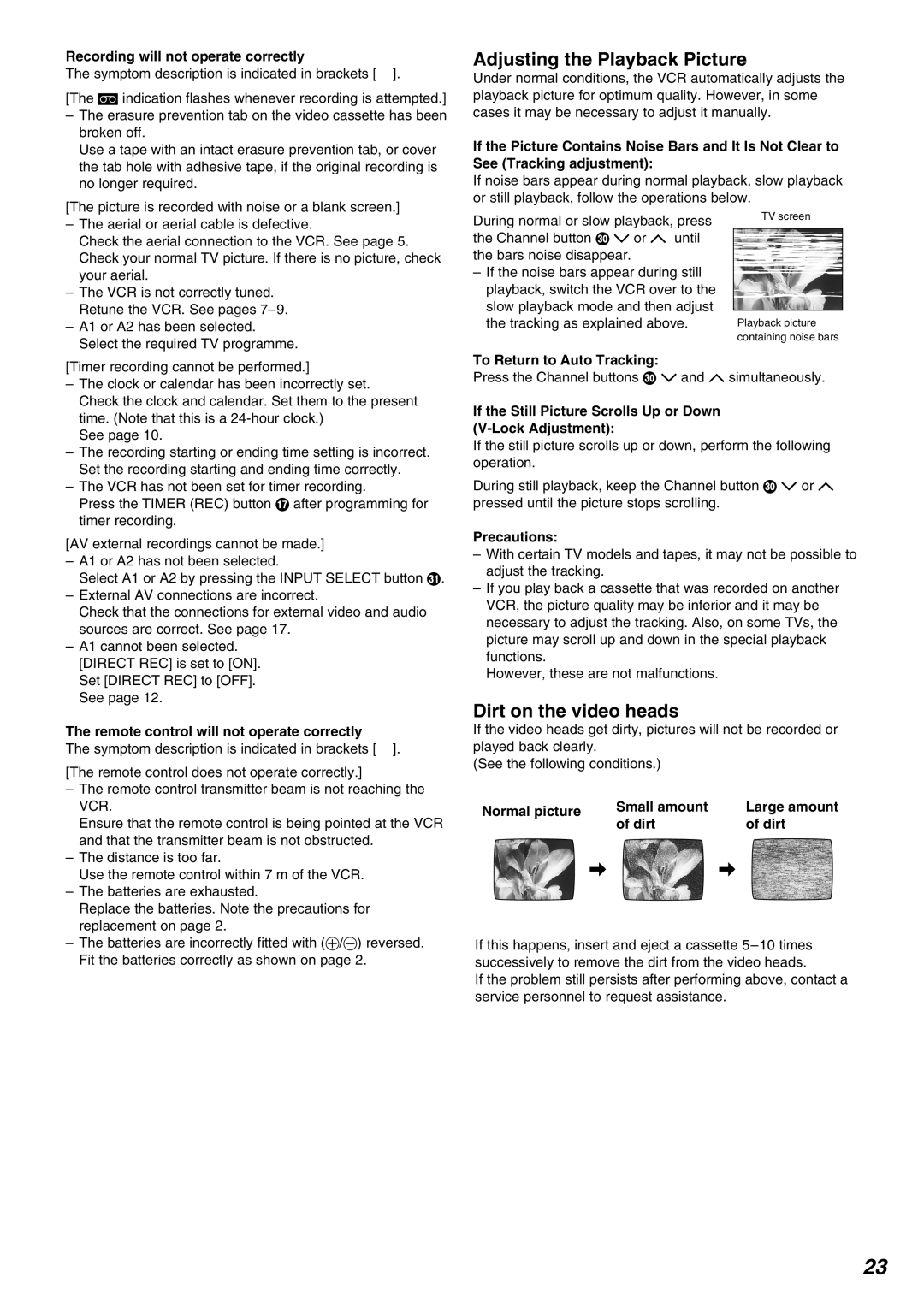 Panasonic NV-FJ630AM operating instructions Adjusting the Playback Picture, Dirt on the video heads 