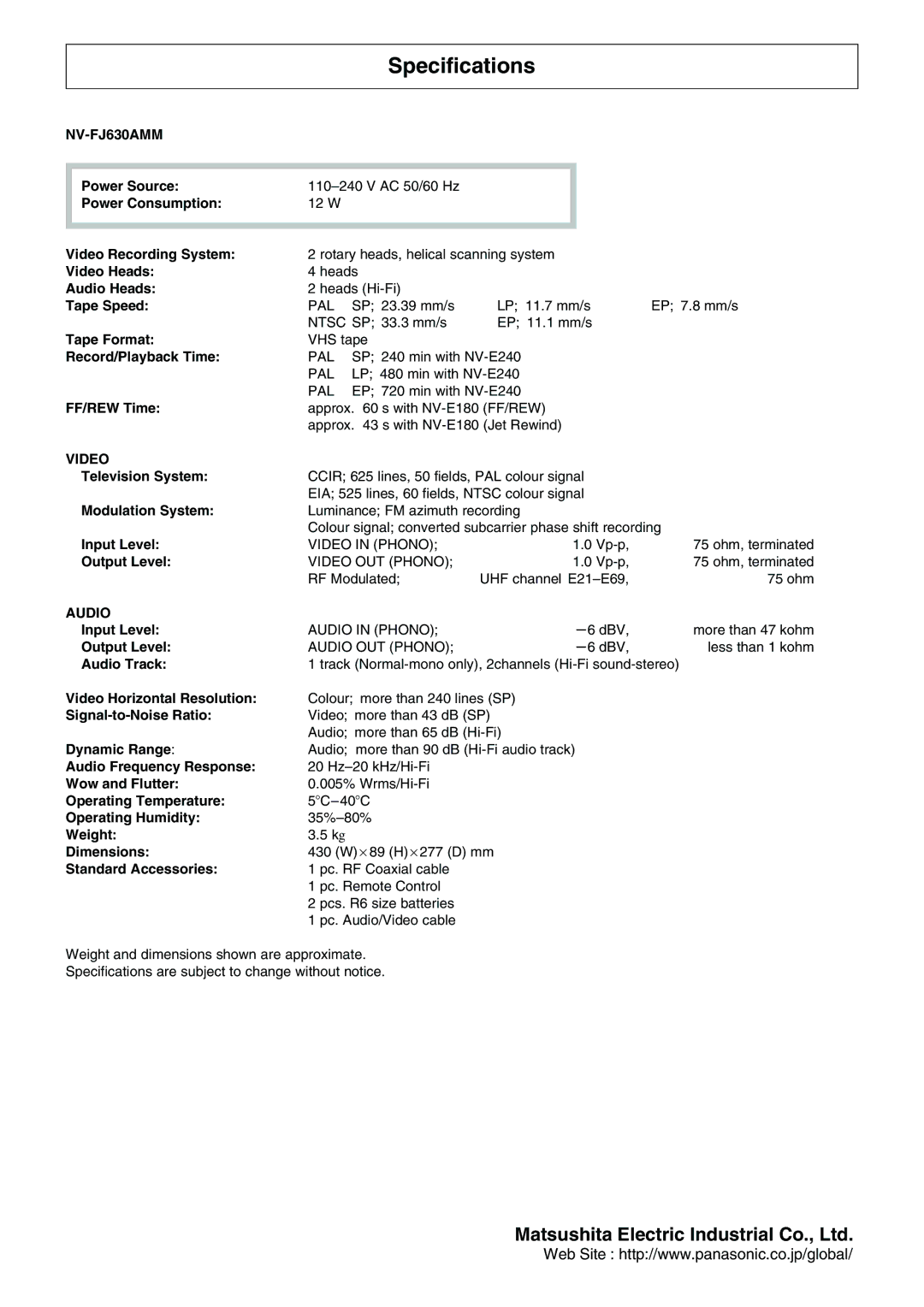 Panasonic NV-FJ630AM operating instructions Specifications 