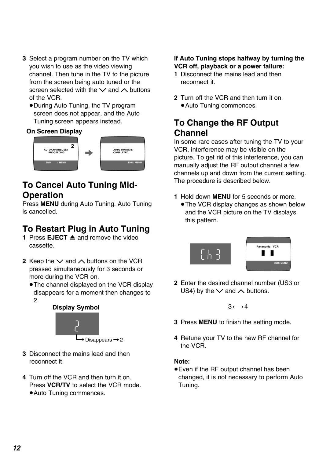 Panasonic NV-FJ630PMP, NV-SJ430PMP To Cancel Auto Tuning Mid- Operation, To Restart Plug in Auto Tuning, Display Symbol 