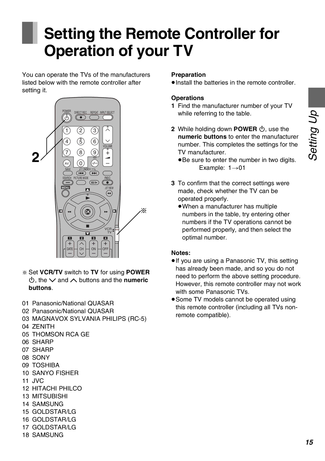 Panasonic NV-SJ430PMP, NV-FJ630PMP manual Setting the Remote Controller for Operation of your TV, Preparation, Operations 