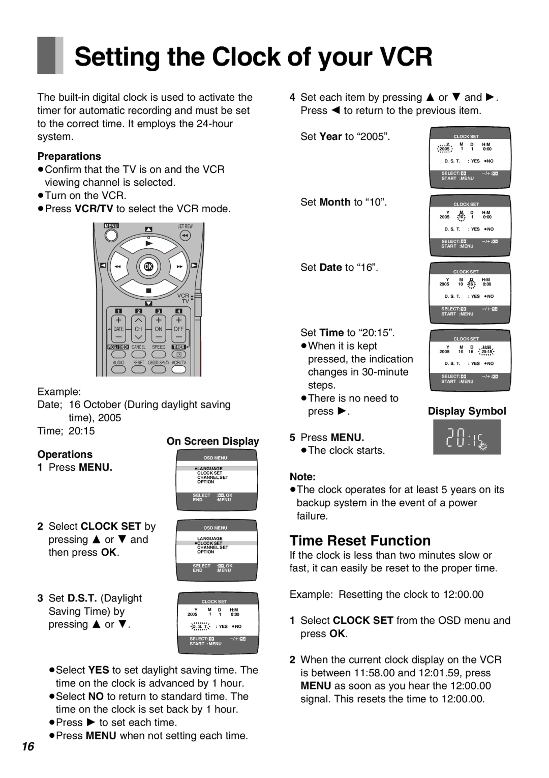 Panasonic NV-FJ630PMP, NV-SJ430PMP manual Setting the Clock of your VCR, Time Reset Function, Press Menu 