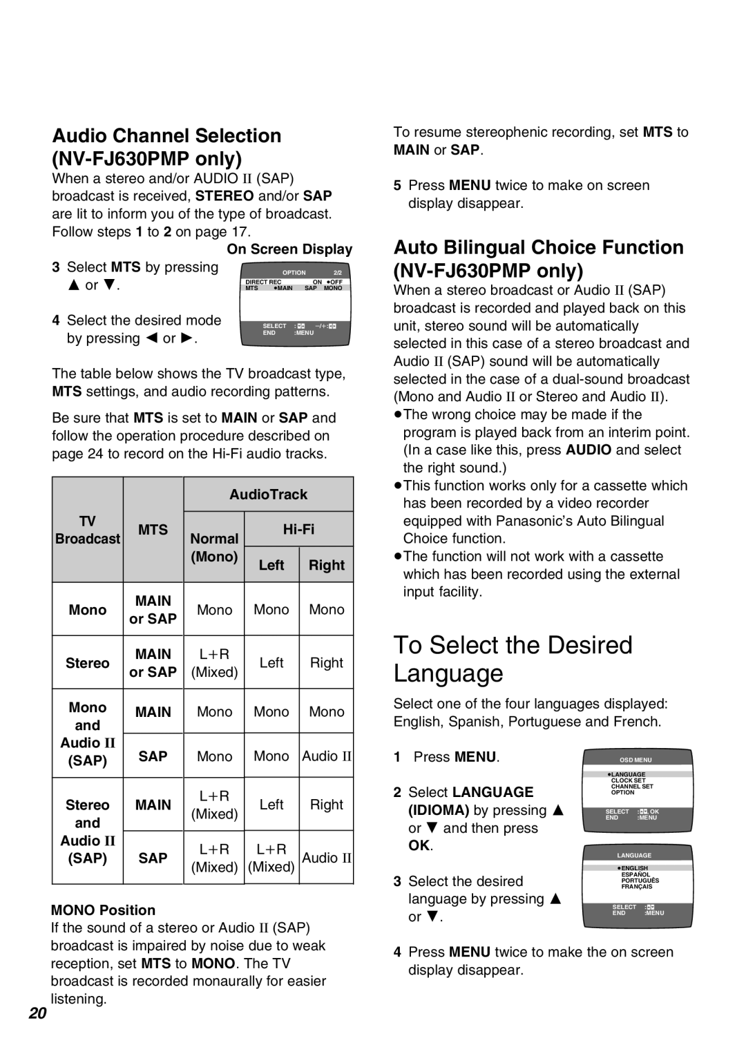 Panasonic NV-SJ430PMP manual To Select the Desired Language, Audio Channel Selection NV-FJ630PMP only, Main, Sap 