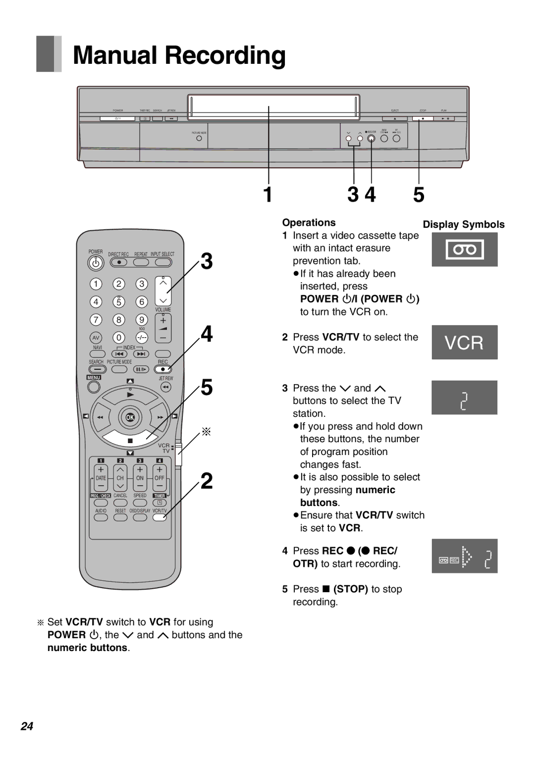 Panasonic NV-FJ630PMP manual Manual Recording, Operations Display Symbols, Power Í/I Power Í to turn the VCR on, Buttons 