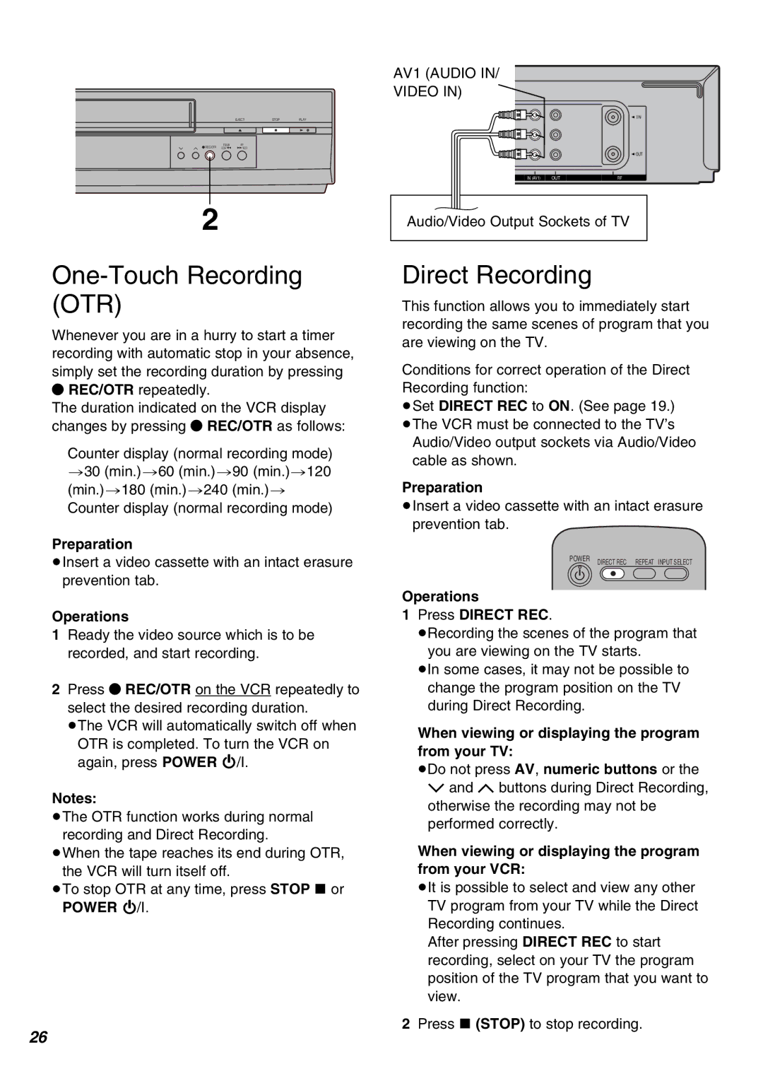 Panasonic NV-FJ630PMP, NV-SJ430PMP manual One-Touch Recording OTR, Direct Recording, Operations Press Direct REC 