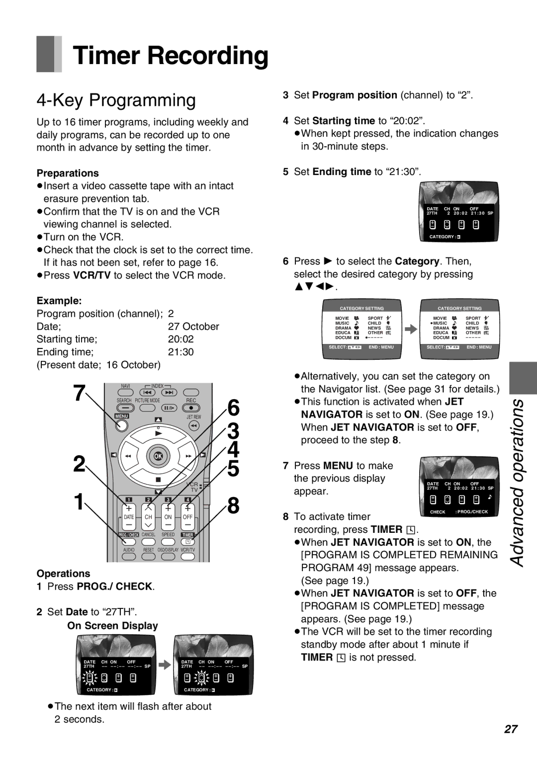 Panasonic NV-SJ430PMP, NV-FJ630PMP manual Key Programming, Example, Operations Press PROG./ Check 