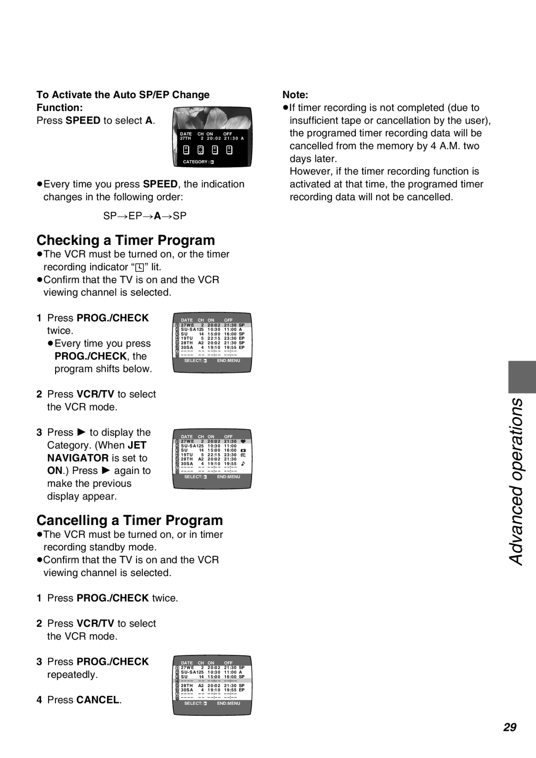 Panasonic NV-SJ430PMP, NV-FJ630PMP manual Checking a Timer Program, Cancelling a Timer Program 