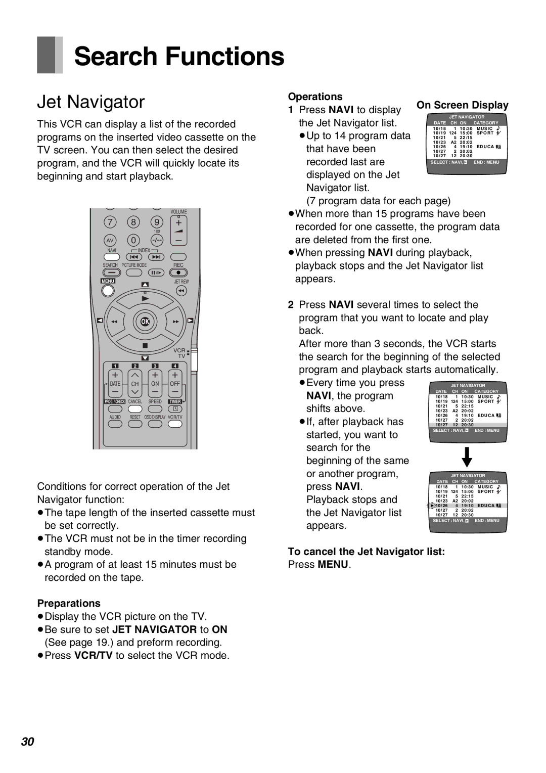 Panasonic NV-FJ630PMP, NV-SJ430PMP manual Search Functions, To cancel the Jet Navigator list Press Menu 