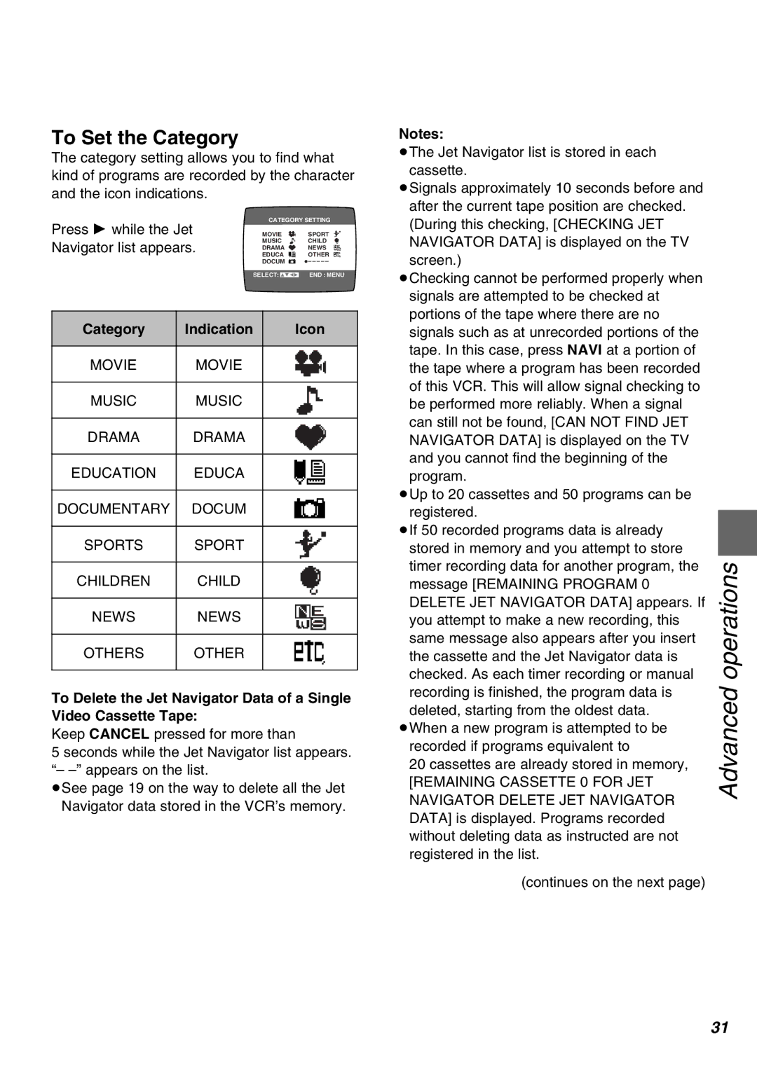 Panasonic NV-SJ430PMP, NV-FJ630PMP manual To Set the Category, Icon 