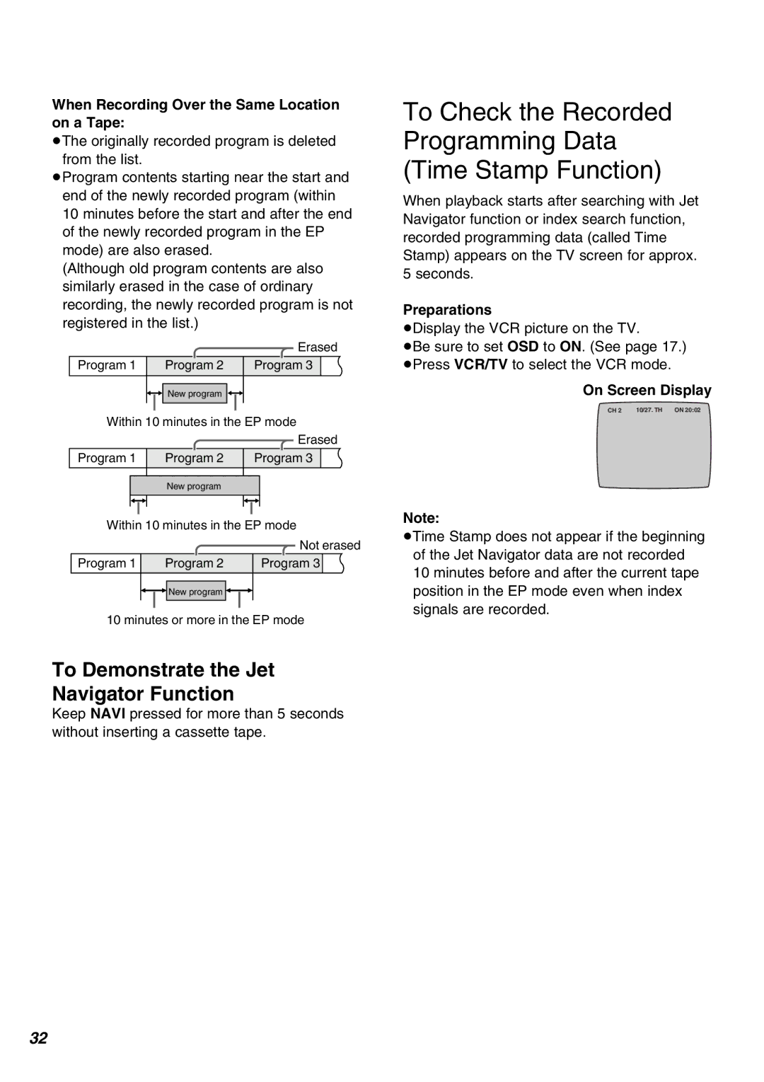 Panasonic NV-FJ630PMP, NV-SJ430PMP manual To Check the Recorded Programming Data Time Stamp Function 