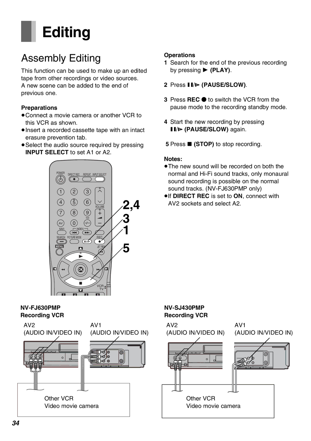 Panasonic NV-FJ630PMP, NV-SJ430PMP manual Assembly Editing, Recording VCR, PAUSE/SLOW again 