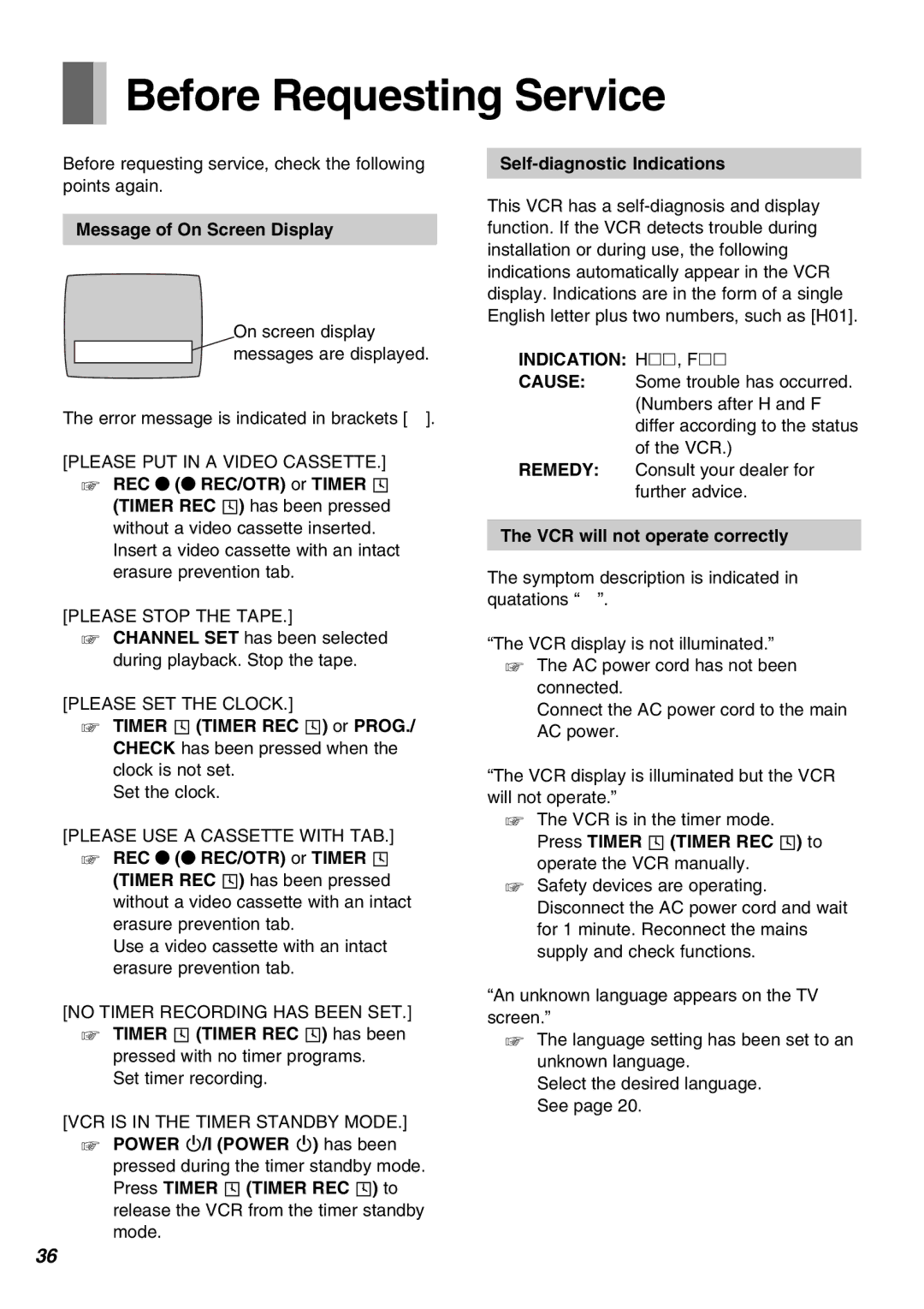 Panasonic NV-FJ630PMP, NV-SJ430PMP manual Before Requesting Service, Message of On Screen Display, Indication H∑∑, F∑∑ 