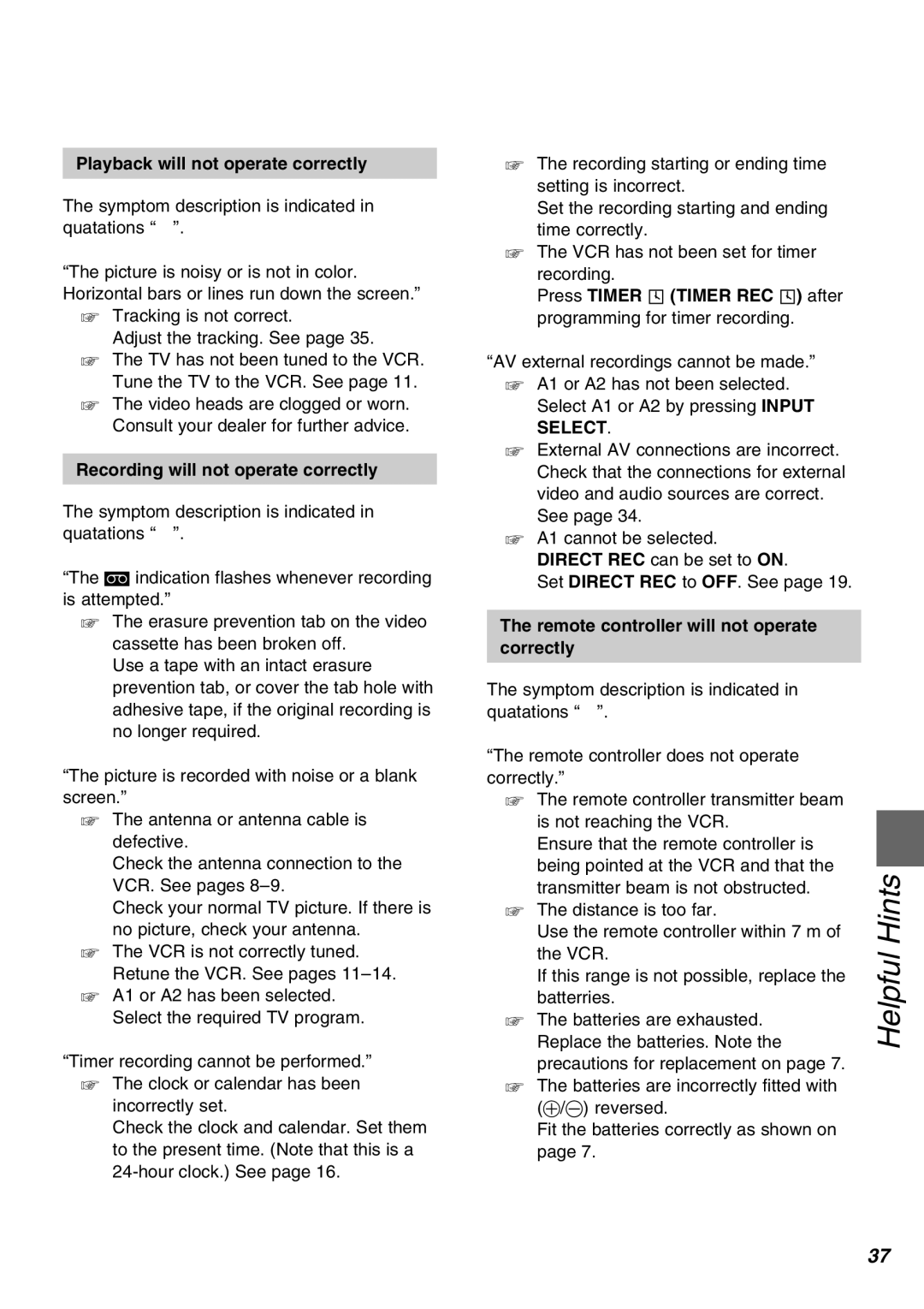 Panasonic NV-SJ430PMP, NV-FJ630PMP manual Playback will not operate correctly, Recording will not operate correctly 