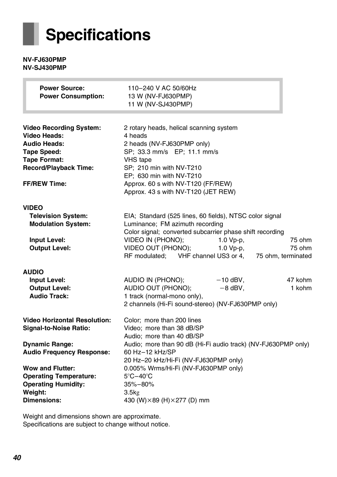 Panasonic manual Specifications, NV-FJ630PMP NV-SJ430PMP, Video, Audio 