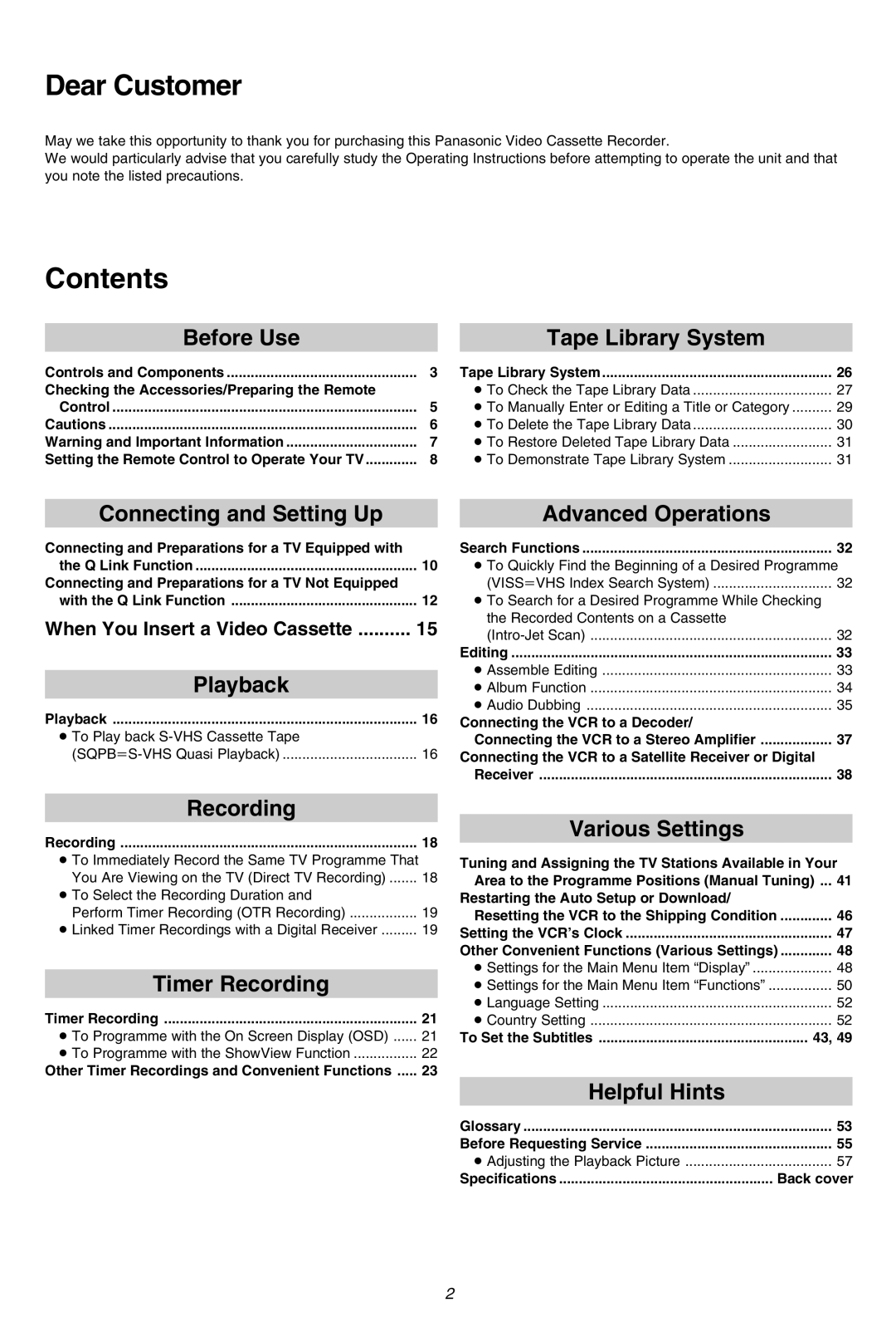 Panasonic NV-FJ710 Series operating instructions Dear Customer, Contents 