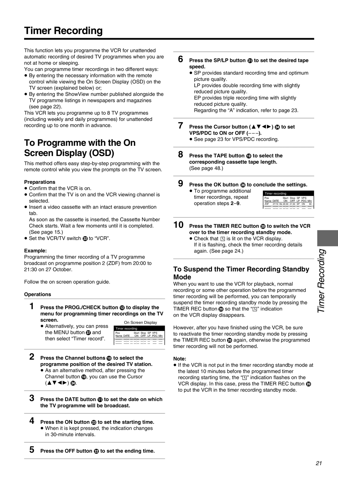 Panasonic NV-FJ710 Series operating instructions Timer Recording, To Programme with the On Screen Display OSD, Mode 