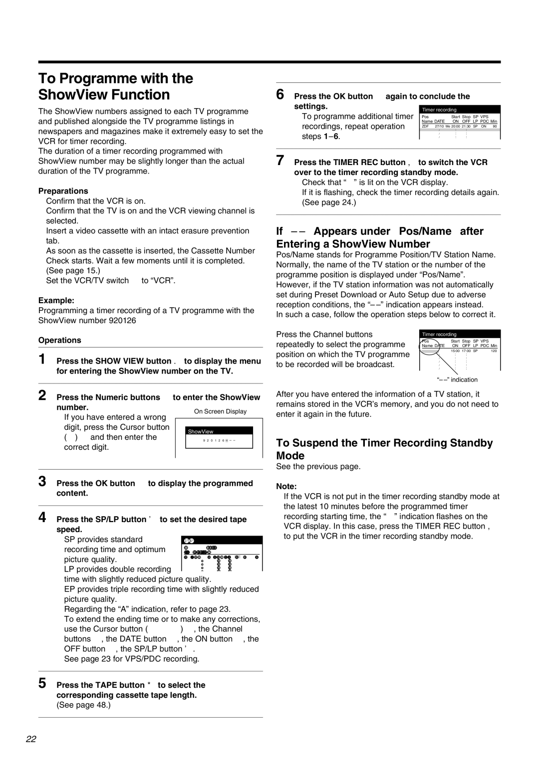 Panasonic NV-FJ710 Series To Programme with ShowView Function, To Suspend the Timer Recording Standby Mode 