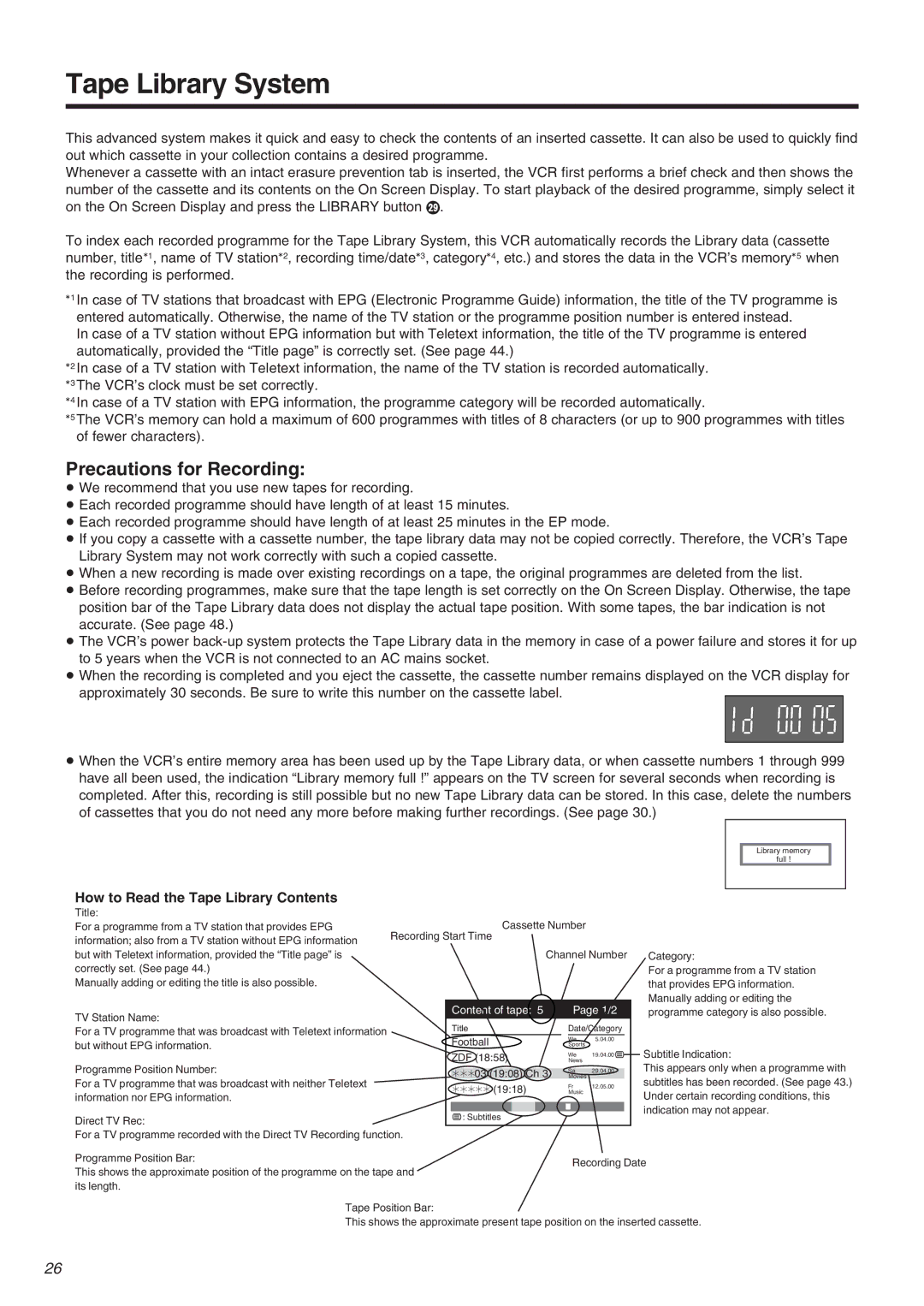 Panasonic NV-FJ710 Series Tape Library System, Precautions for Recording, How to Read the Tape Library Contents 