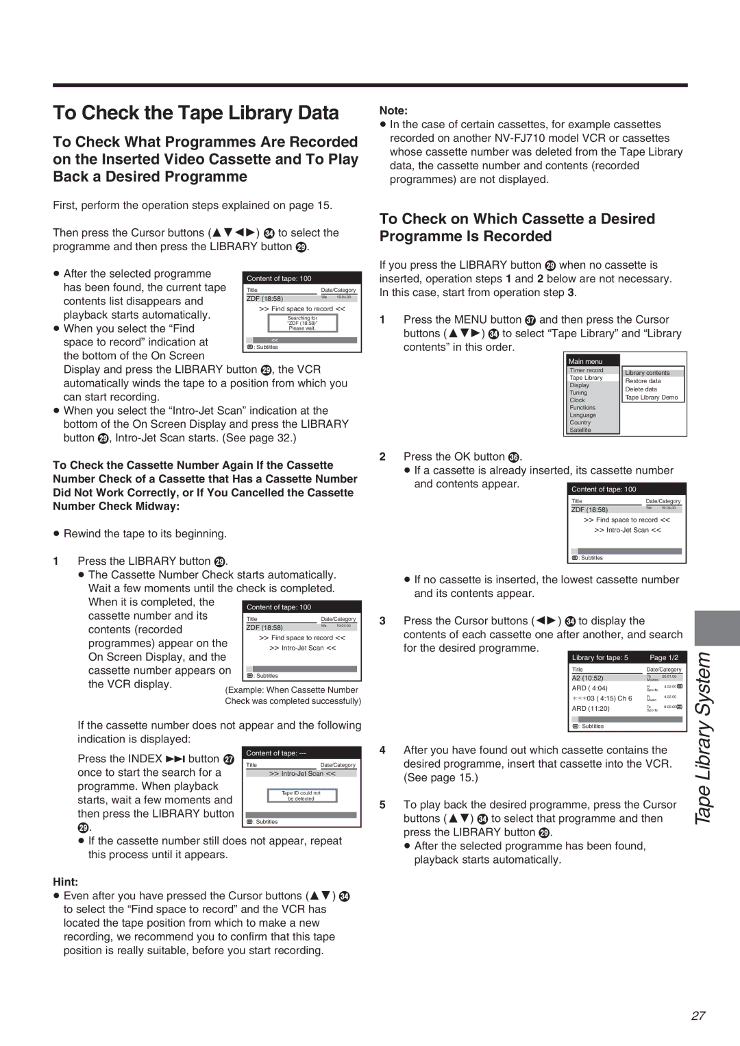 Panasonic NV-FJ710 Series To Check the Tape Library Data, To Check on Which Cassette a Desired Programme Is Recorded 