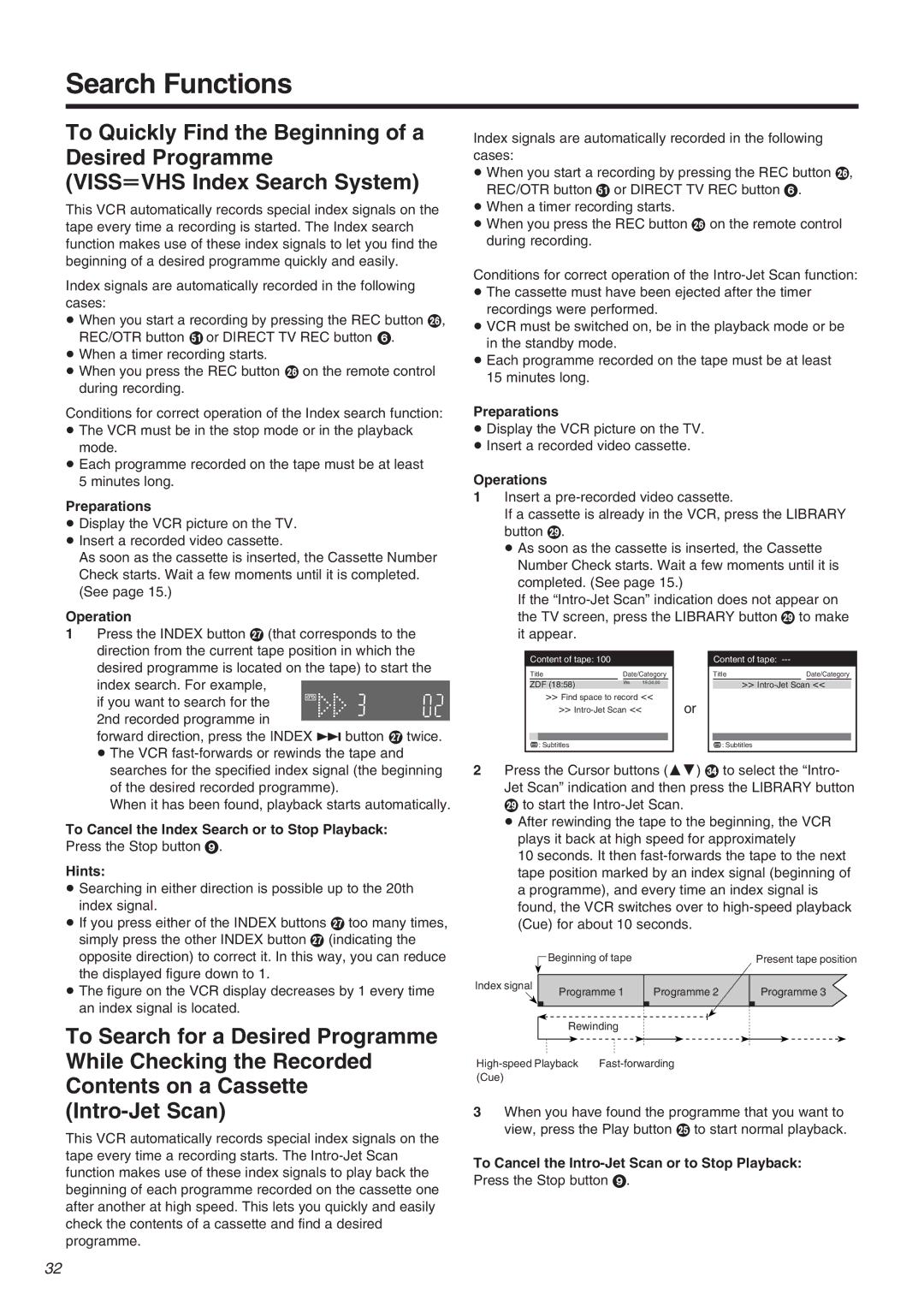 Panasonic NV-FJ710 Series Search Functions, To Cancel the Index Search or to Stop Playback, Operations 