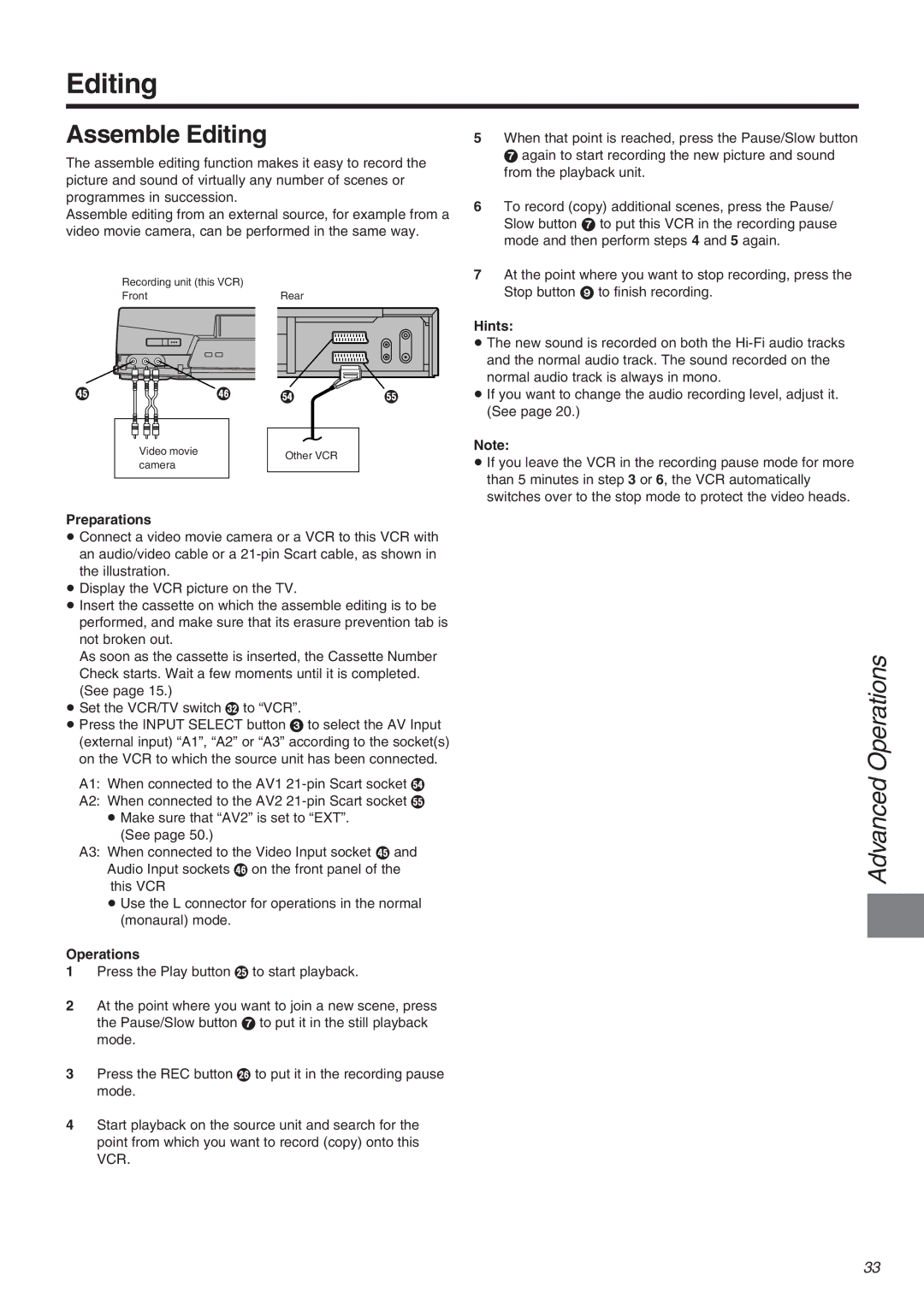 Panasonic NV-FJ710 Series operating instructions Assemble Editing, Advanced Operations 