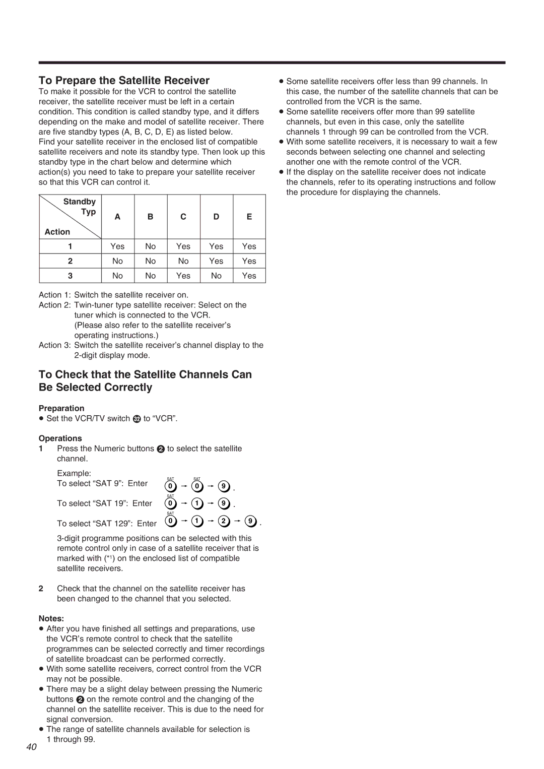 Panasonic NV-FJ710 Series To Prepare the Satellite Receiver, Standby Typ Action Yes, To select SAT 9 Enter 