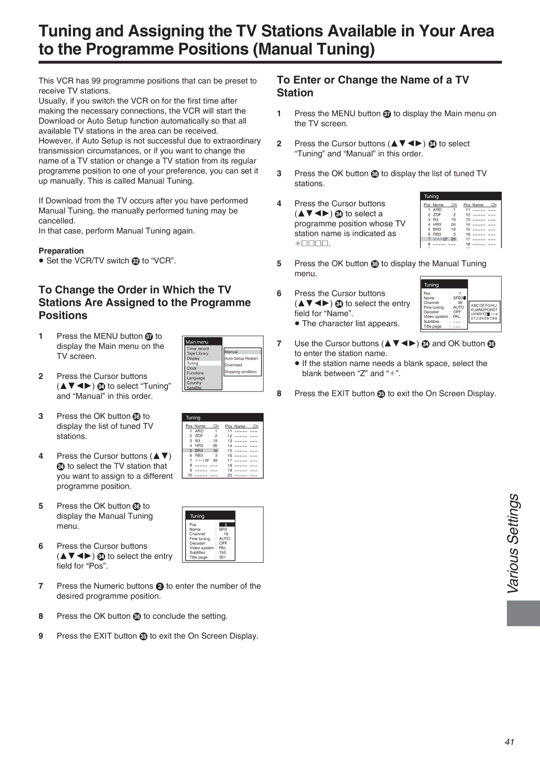 Panasonic NV-FJ710 Series operating instructions Various Settings, To Enter or Change the Name of a TV Station 