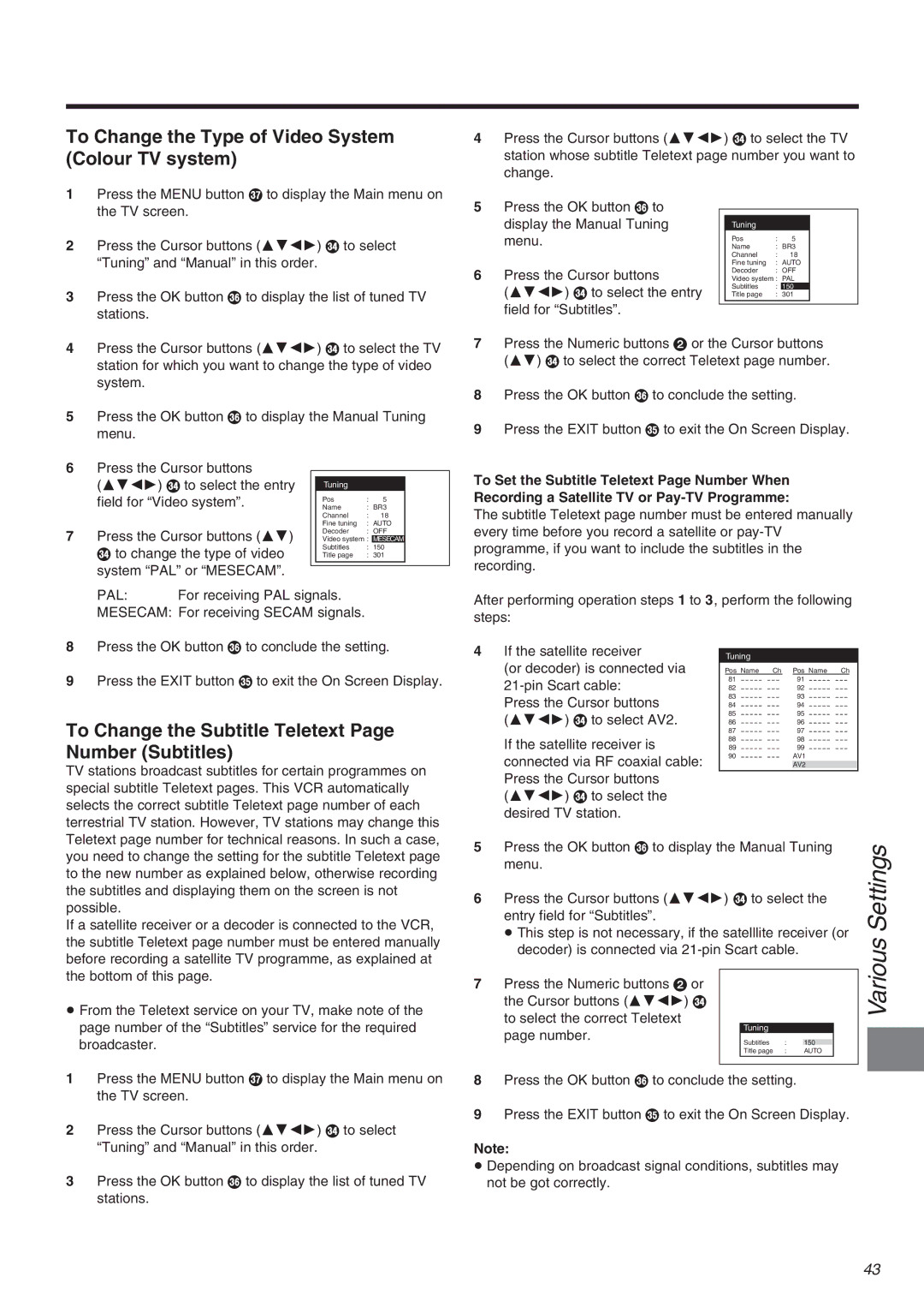 Panasonic NV-FJ710 Series operating instructions To Change the Type of Video System Colour TV system 