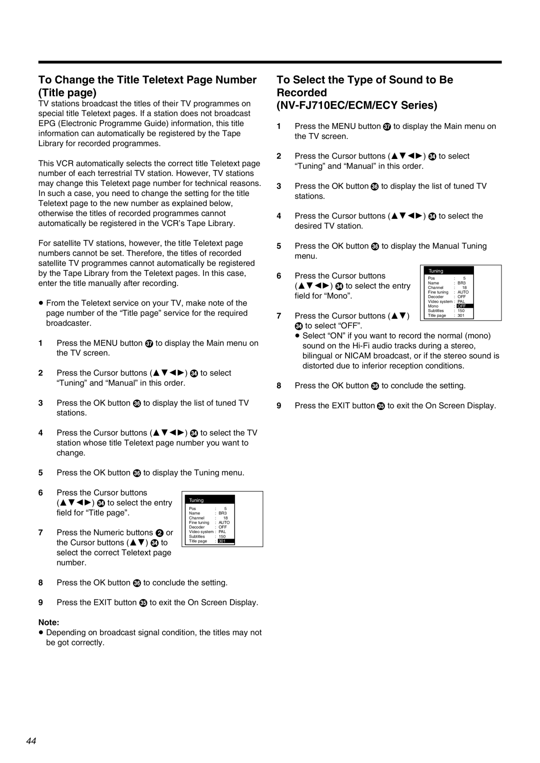 Panasonic NV-FJ710 Series operating instructions To Change the Title Teletext Page Number Title 