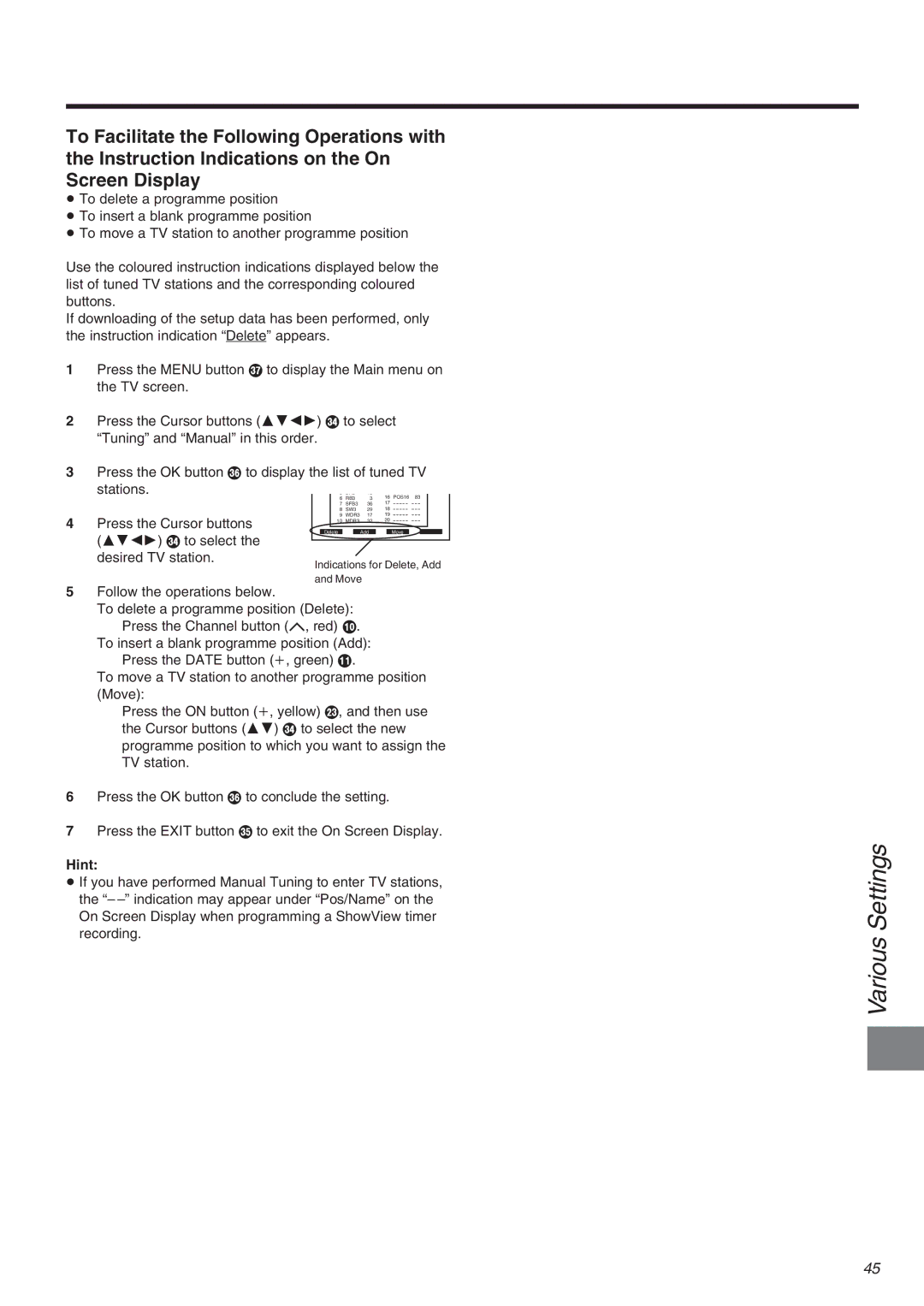 Panasonic NV-FJ710 Series operating instructions Various Settings, Hint 