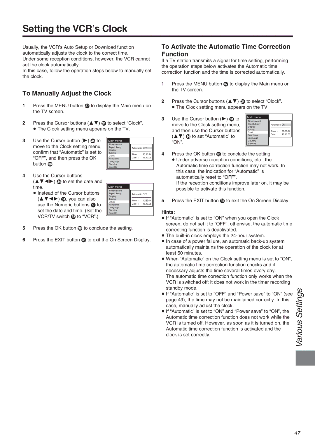 Panasonic NV-FJ710 Series operating instructions Setting the VCR’s Clock, To Manually Adjust the Clock 