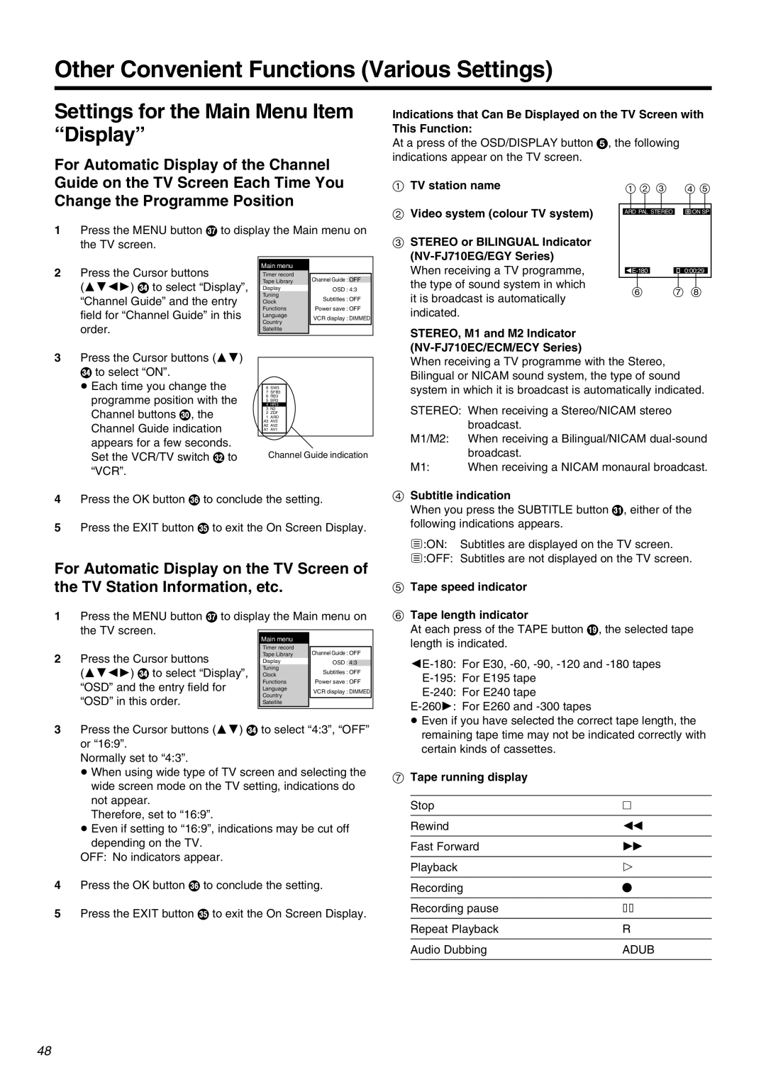 Panasonic NV-FJ710 Series Other Convenient Functions Various Settings, Settings for the Main Menu Item Display 