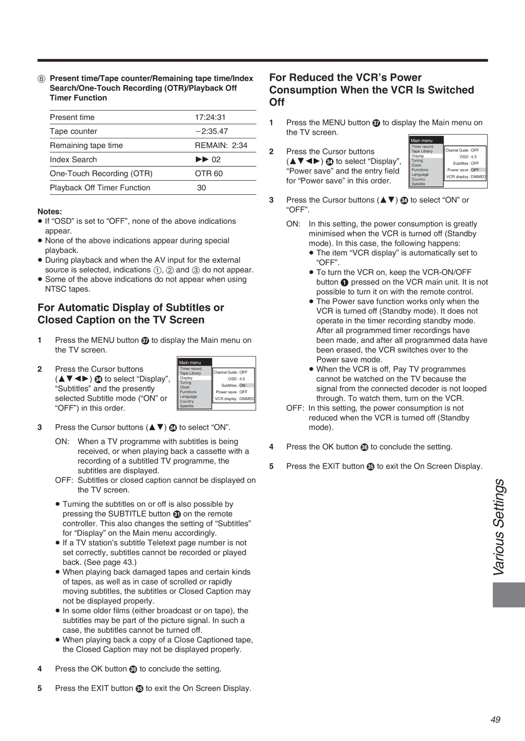 Panasonic NV-FJ710 Series operating instructions Press the Menu button U to display the Main menu on 