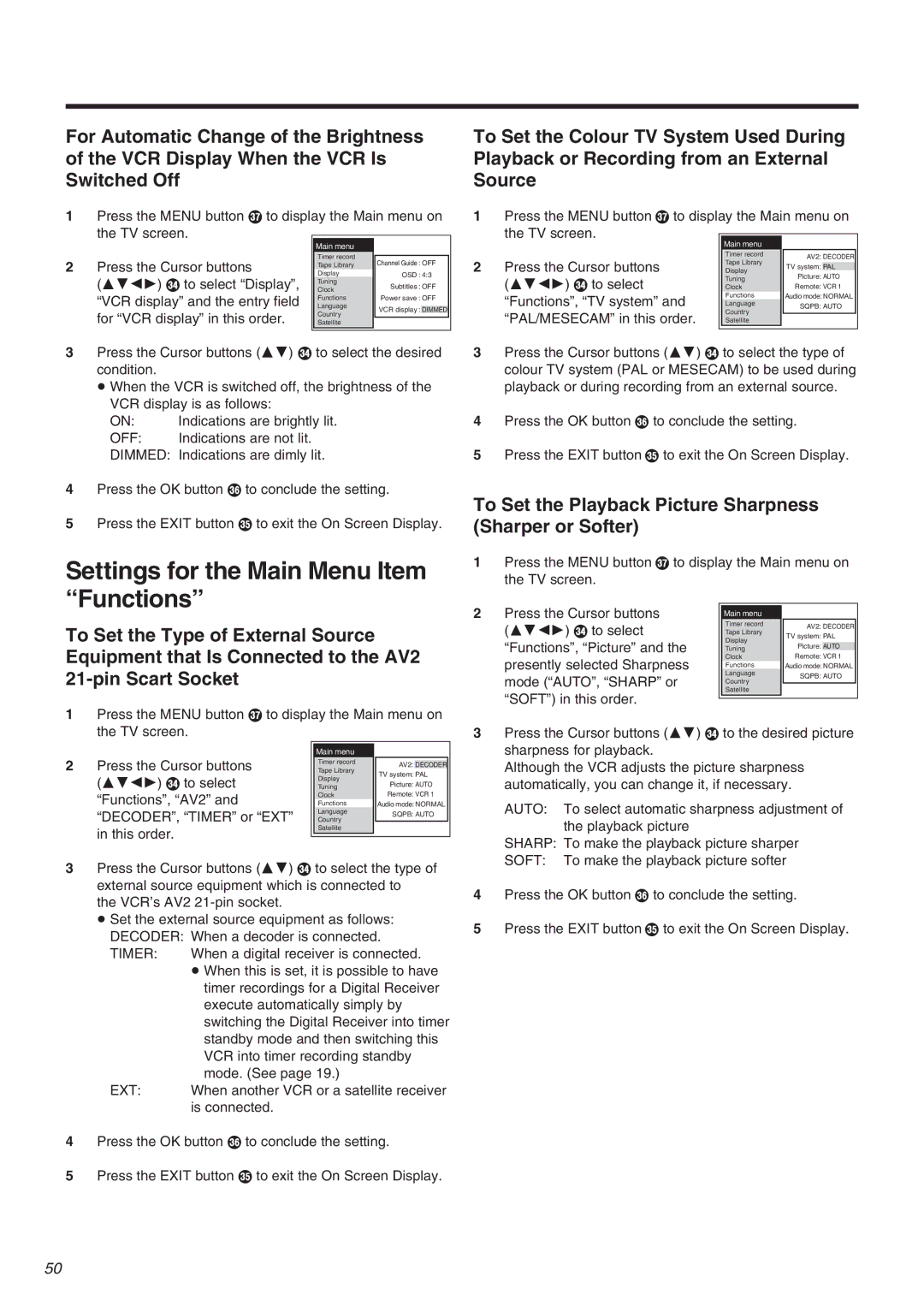 Panasonic NV-FJ710 Series operating instructions Settings for the Main Menu Item Functions 