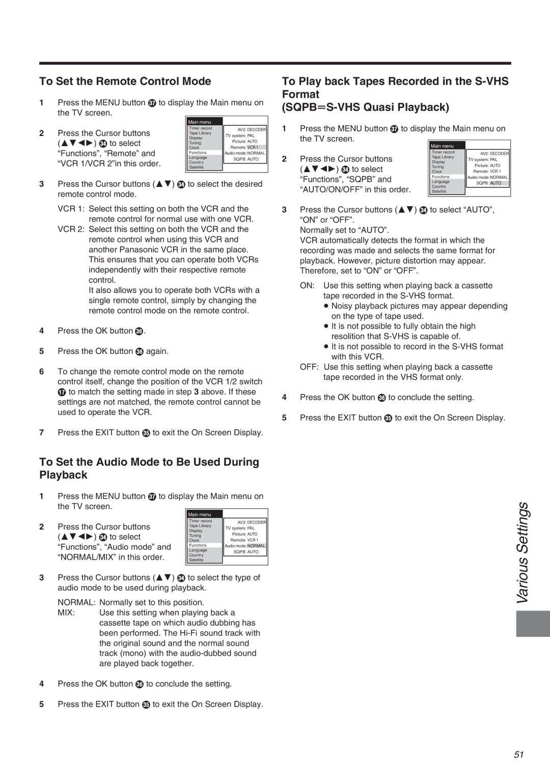 Panasonic NV-FJ710 Series To Set the Remote Control Mode, To Set the Audio Mode to Be Used During Playback 