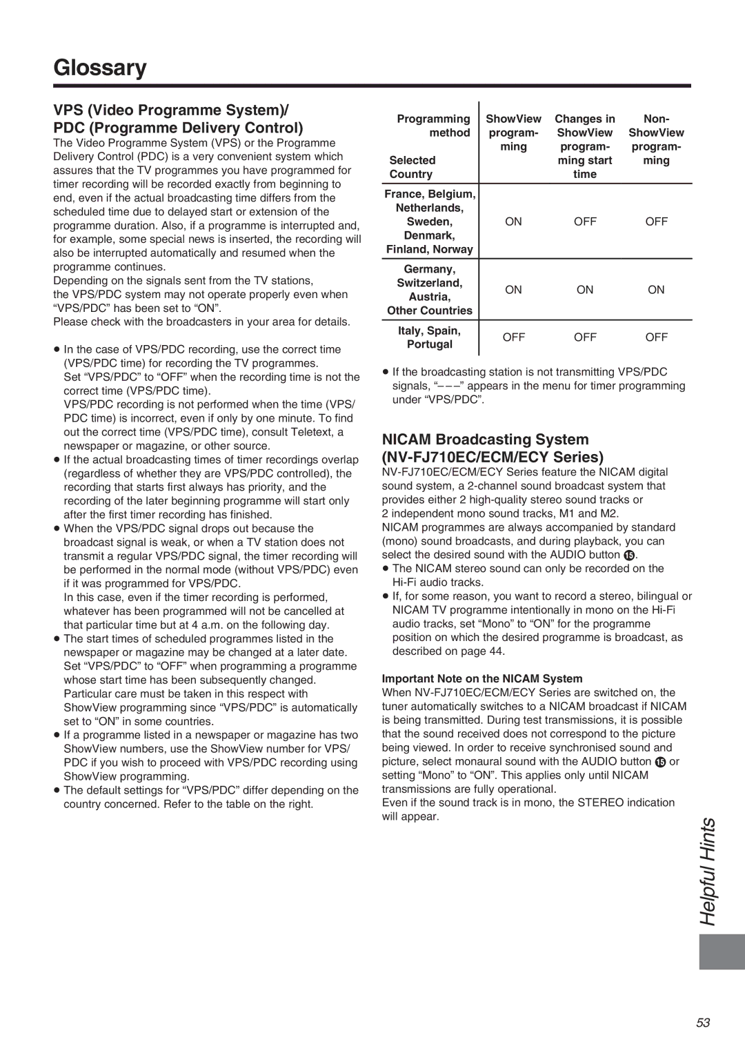 Panasonic NV-FJ710 Series operating instructions Glossary, VPS Video Programme System/ PDC Programme Delivery Control 