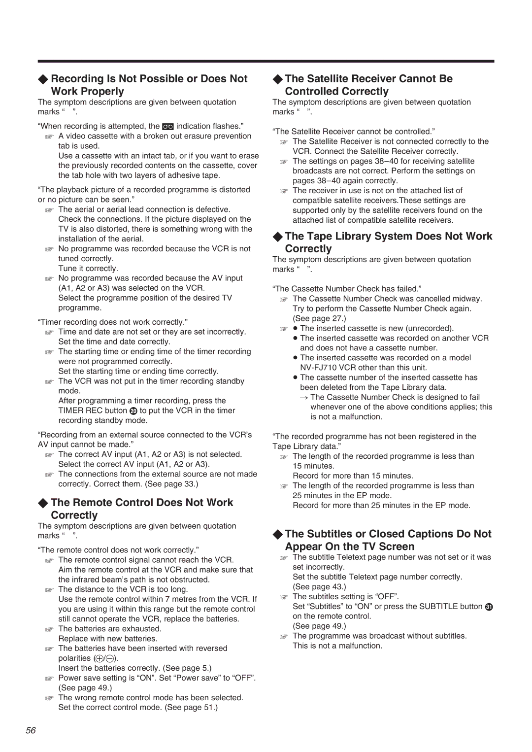 Panasonic NV-FJ710 Series operating instructions √ Recording Is Not Possible or Does Not Work Properly 